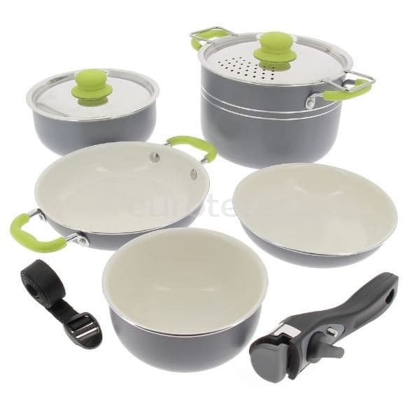 Casseroles et poeles vert + gris avec poignee amovible pour la cuisine  - 084189 - Eurotete